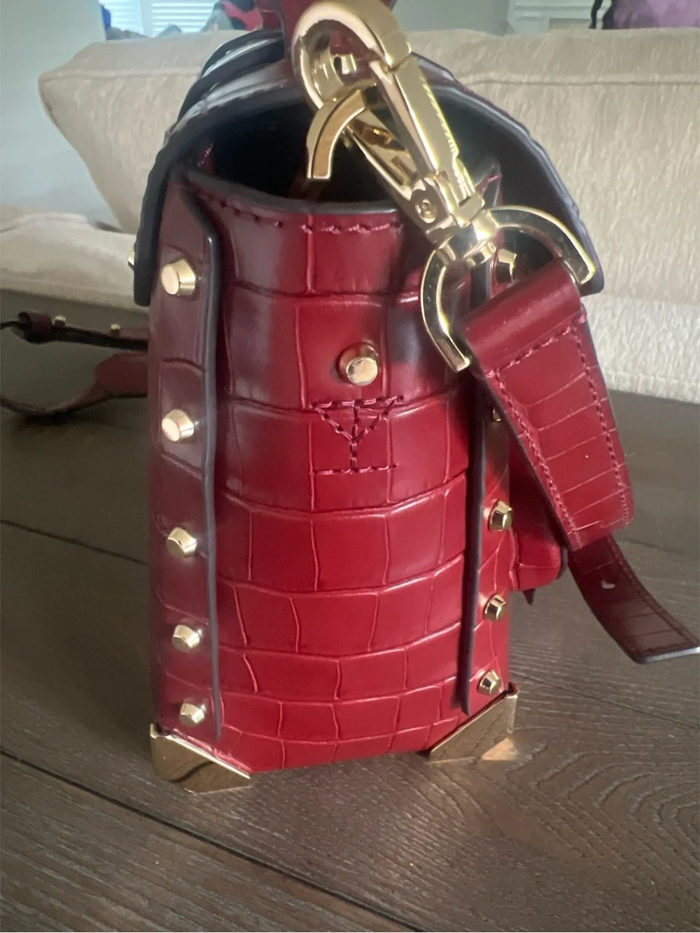 Michael Kors Burgundy Croc-Embossed Manhattan Satchel with Gold Hardware